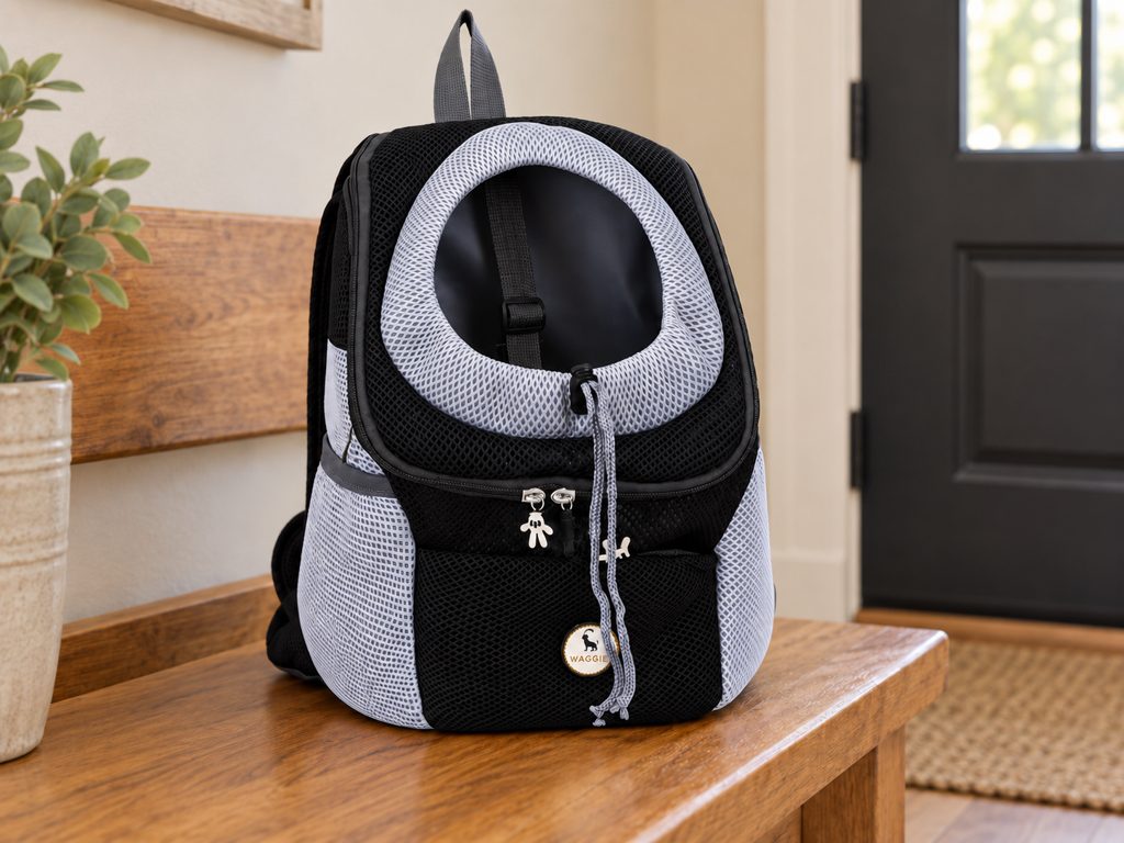WagBag empty carrier and side pocket shown in an entryway