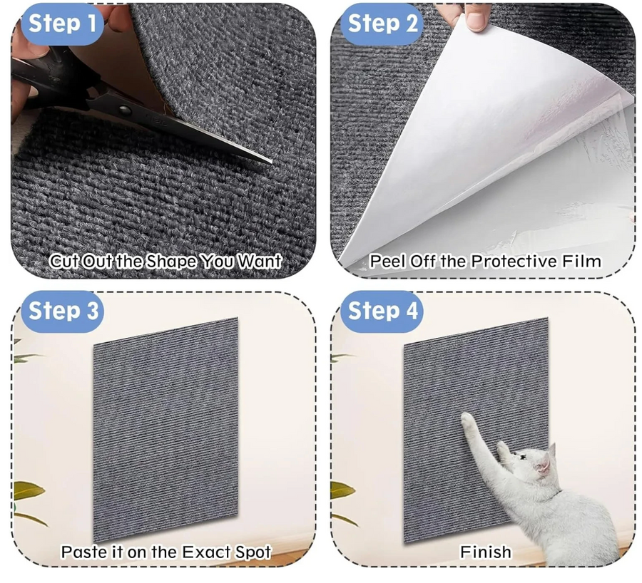 Four installation photos: trim the carpet, peel the backing, press onto the surface and introduce your cat