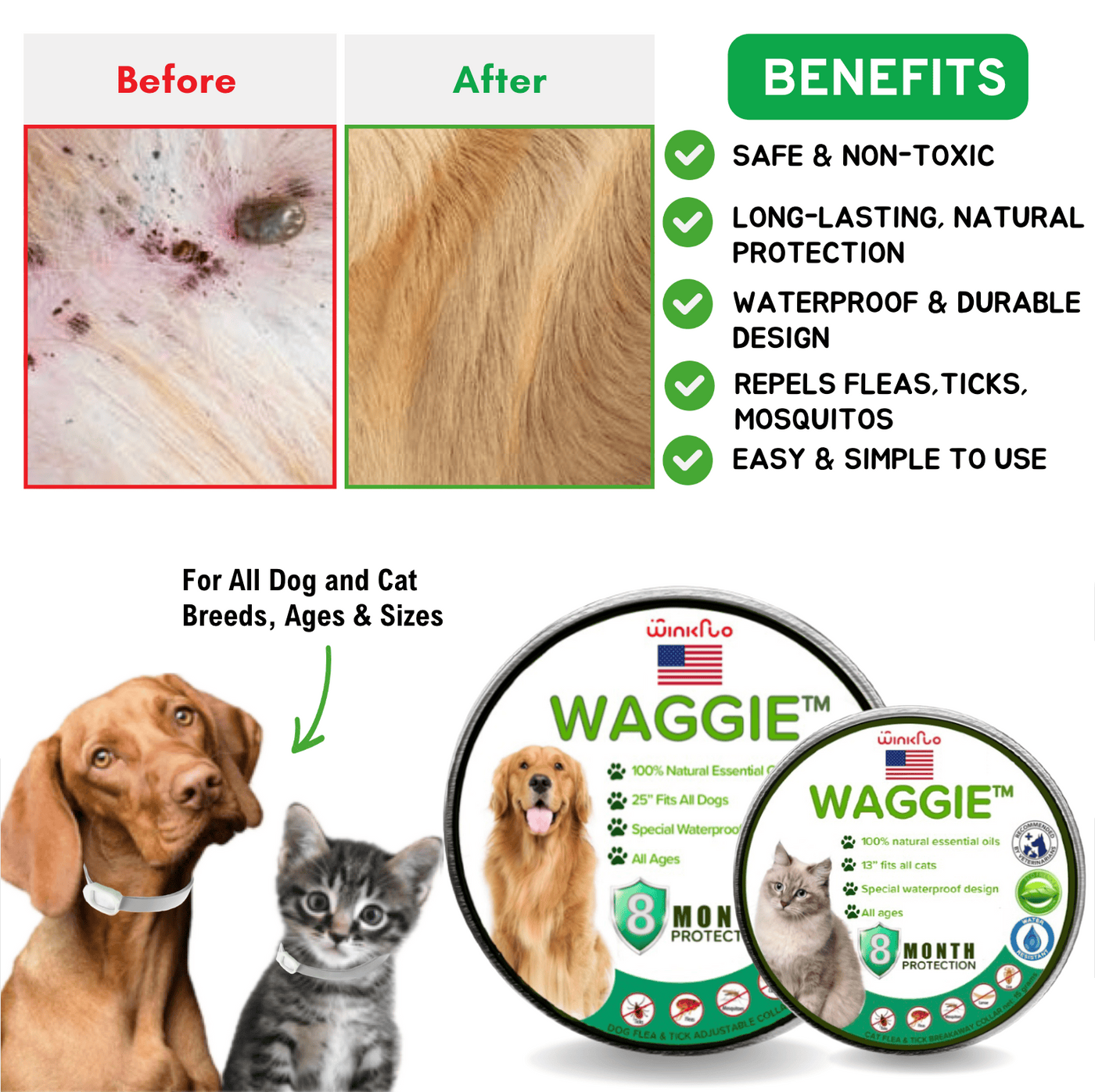 Waggie™ - Natural Anti-Flea, Tick, & Mosquito Collar (Safest 8+ Months Protection)