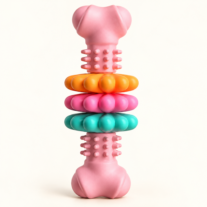 Pink WagRings ring bone toy, studio illustration