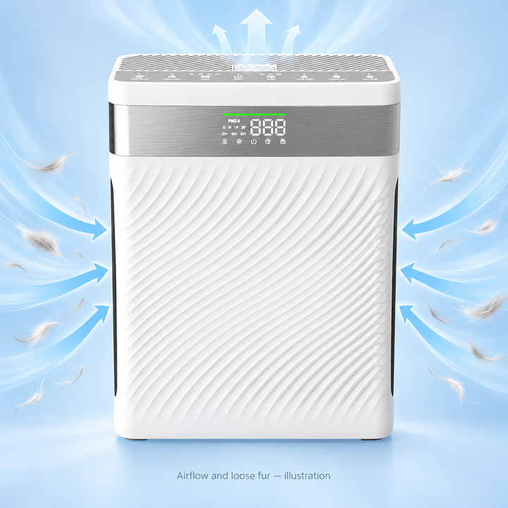 WagAir PR4 with illustrative airflow and loose airborne pet fur approaching the existing side intakes