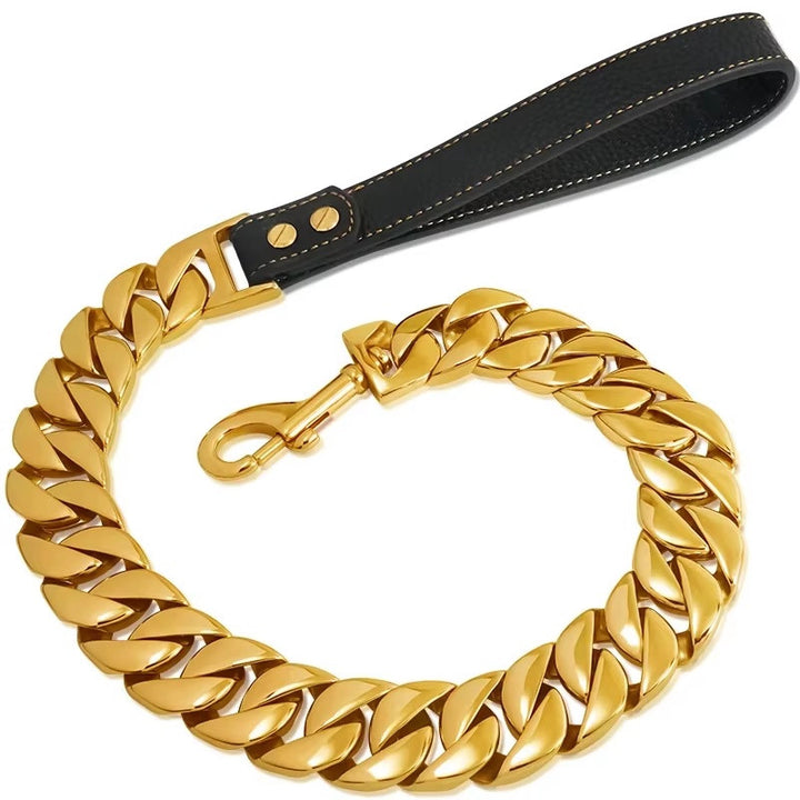 WagLeash Cuban link dog leash in Gold with black loop handle